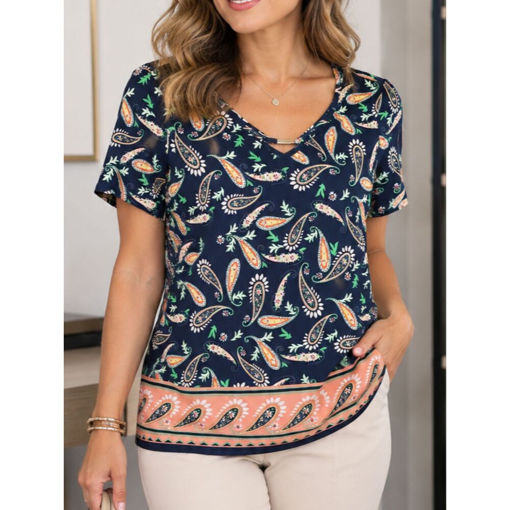 Roz & Ali XS Navy Paisley Border Print V Neck Short Sleeve Boho Top Blouse